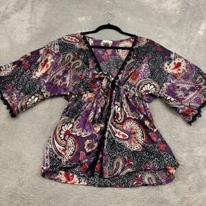 Anna Paul Silk‎ Kimono Tie Front Cardigan Top Womens L Multicolor Paisley Boho